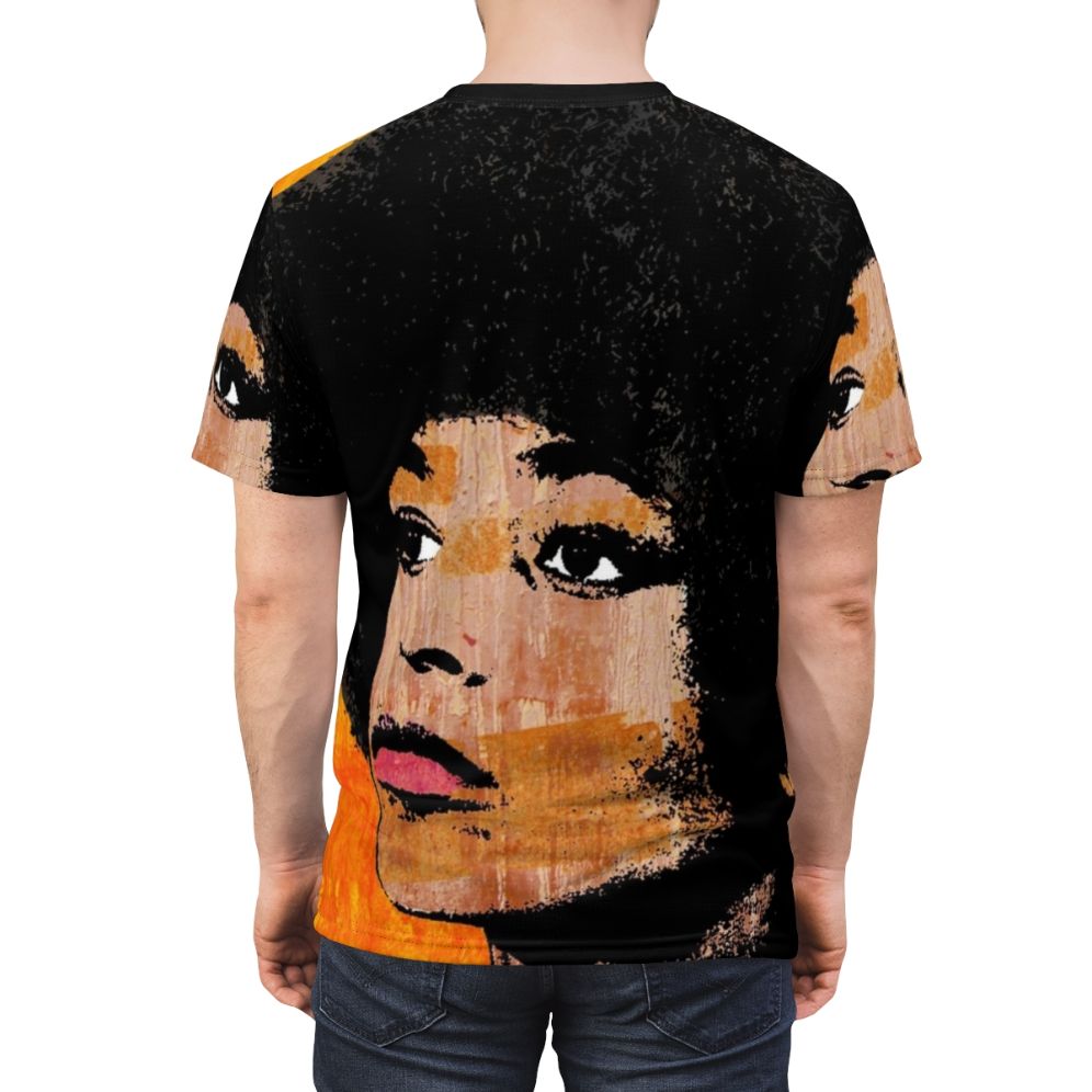 Vibrant pop art style t-shirt design featuring the portrait of political activist Angela Davis - men back