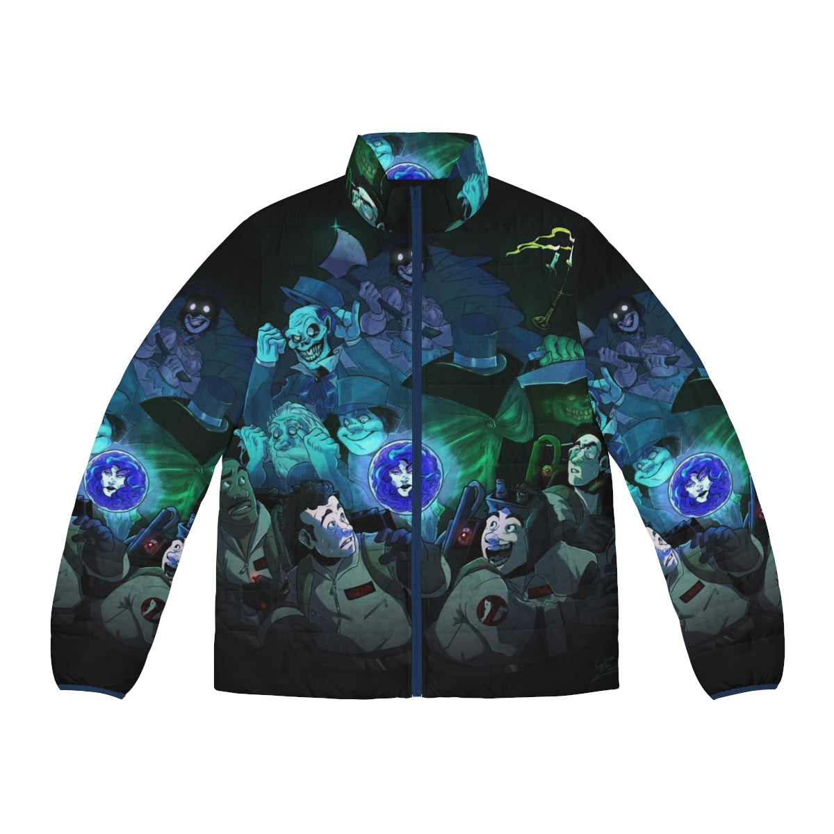 Ghostbusters-inspired puffer jacket featuring iconic characters and Haunted Mansion elements