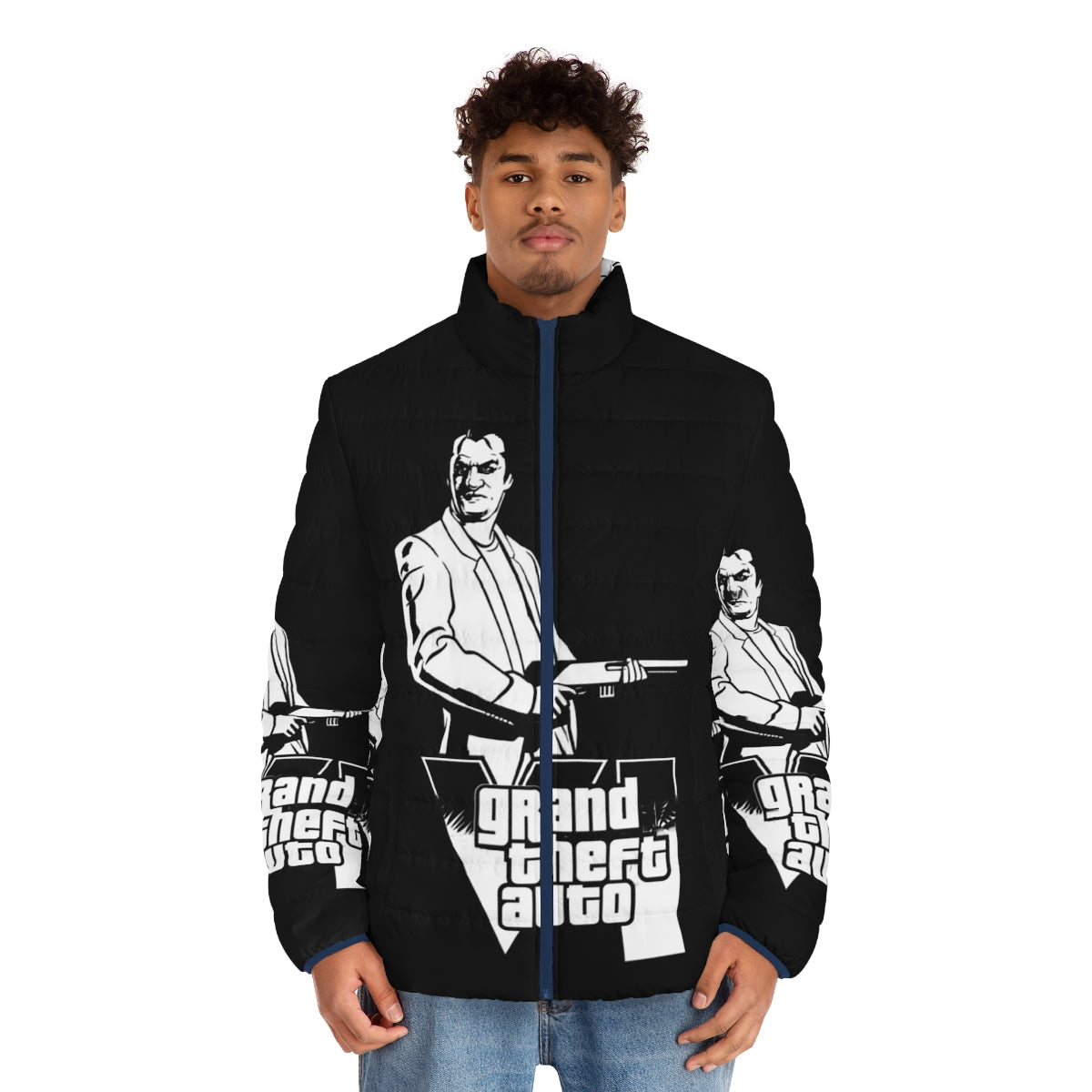 Grand Theft Auto themed puffer jacket with gaming inspired design - men front