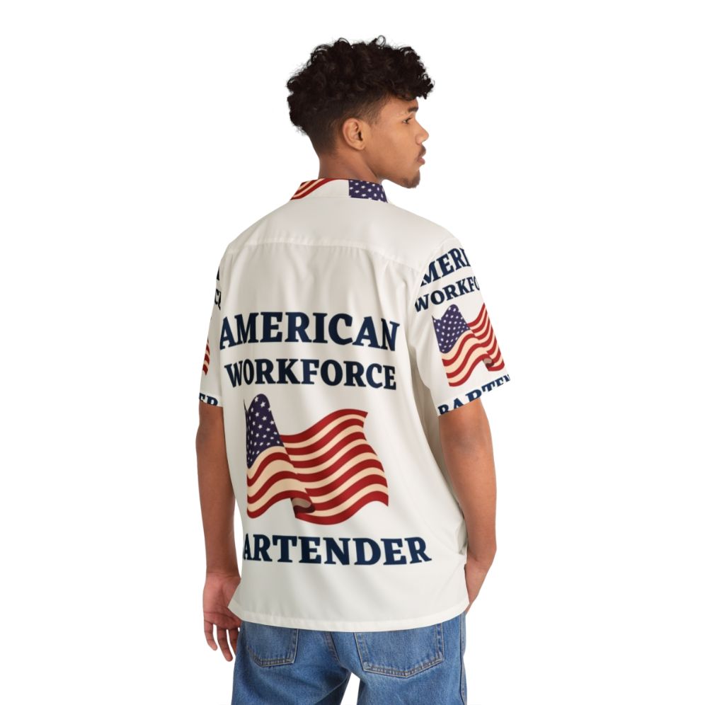 Bartender wearing patriotic Hawaiian shirt with American flag design - People Back