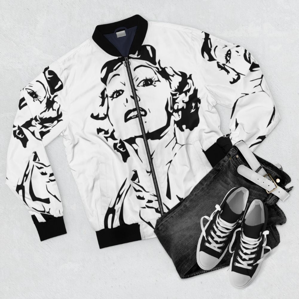 Classic movie-inspired bomber jacket with iconic actress silhouette - Flat lay