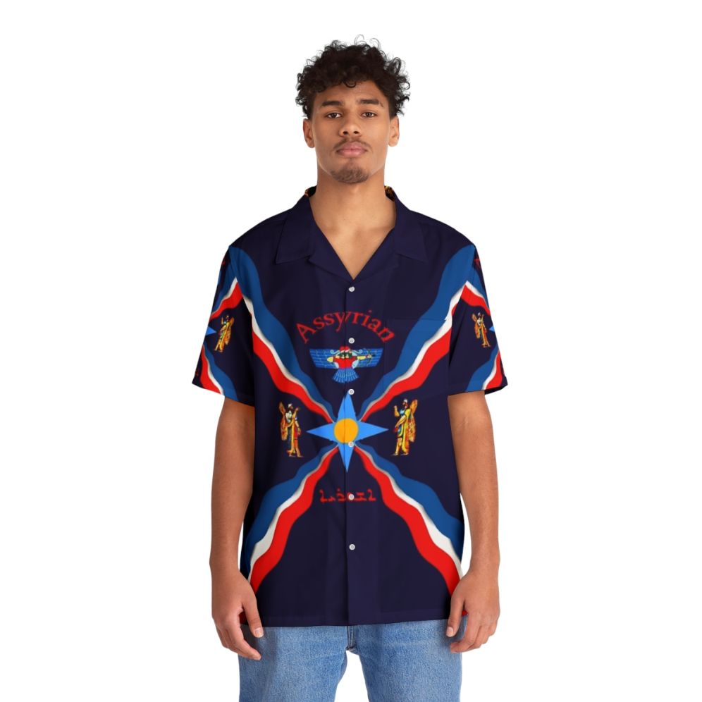 Assyrian flag Hawaiian shirt featuring ancient Mesopotamian art and symbols - People Front