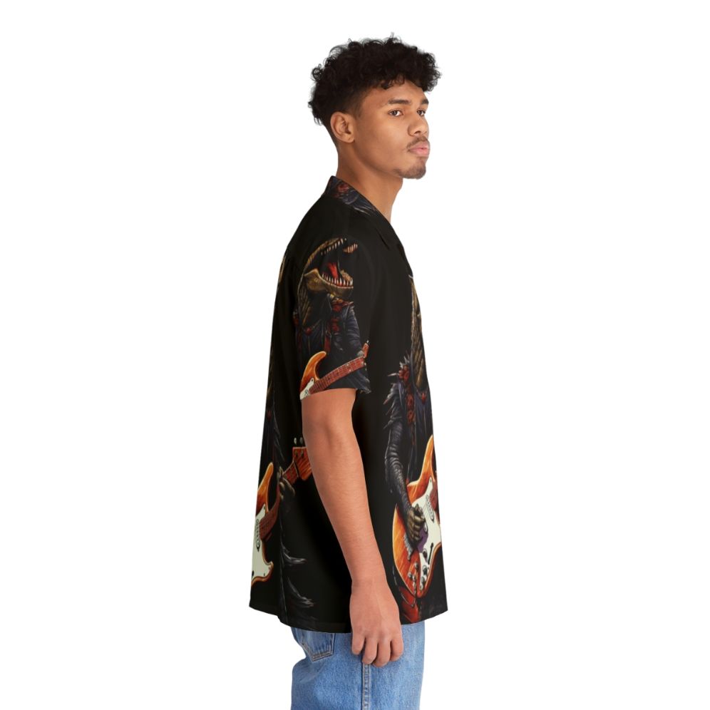 Dinosaur playing guitar graphic on a colorful Hawaiian-style shirt - People Pight