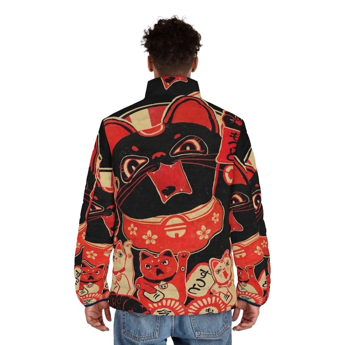 Vintage Japanese Lucky Cat Revolution Puffer Jacket with Adorable Kawaii Retro Rebellion Anime Inspired Design - men back