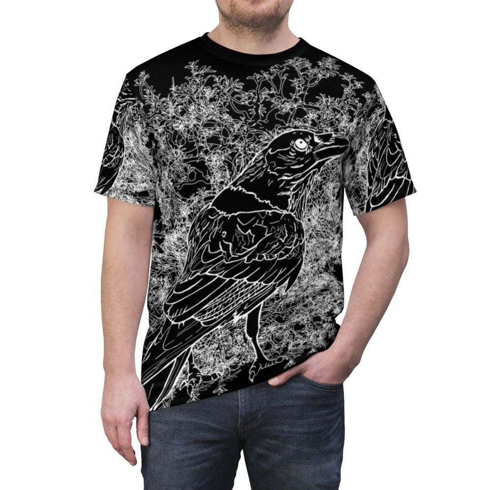 Stylish t-shirt featuring a bold raven graphic in a dark, gothic design. - men front