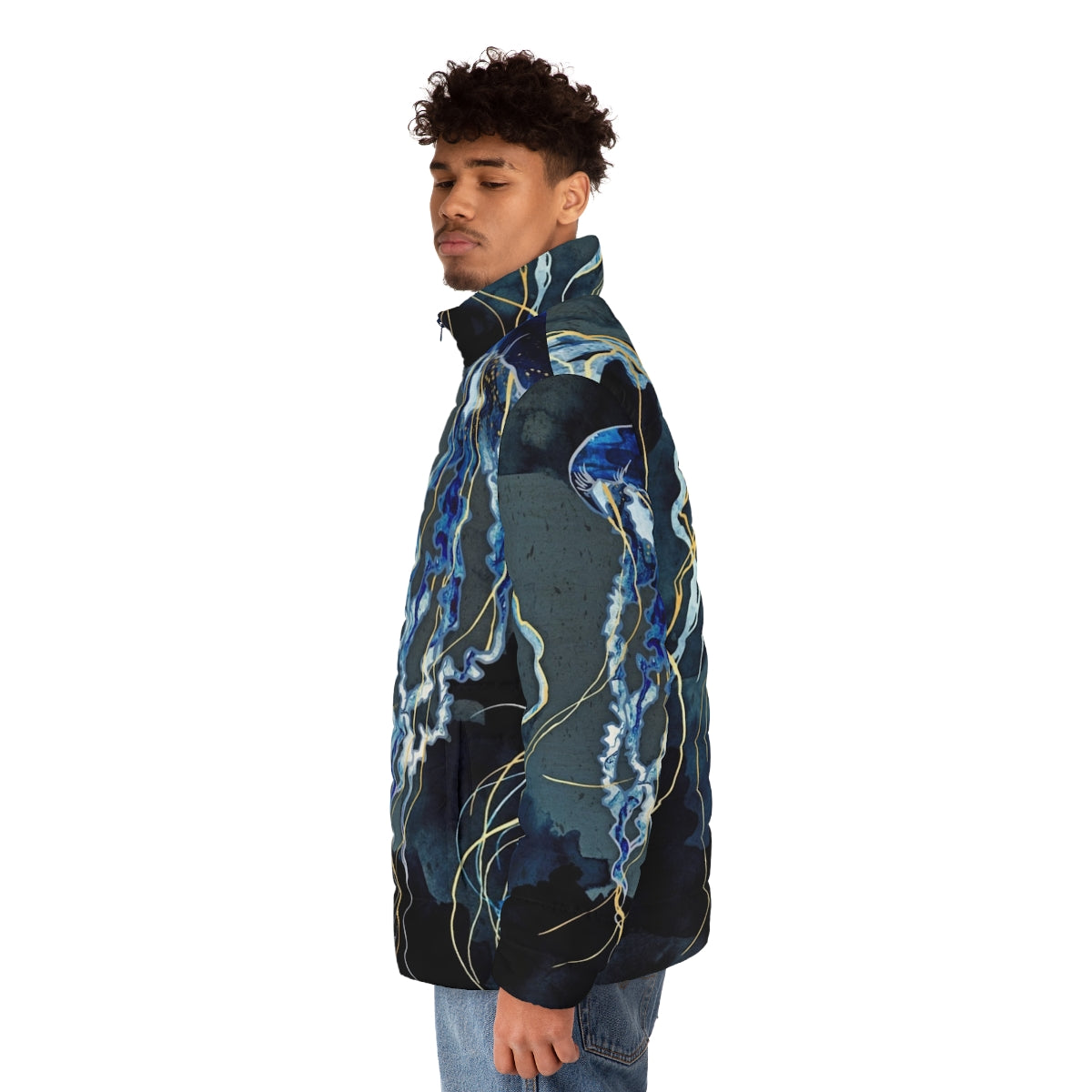 Metallic Ocean III Contemporary Puffer Jacket in blue and gold tones - men side left