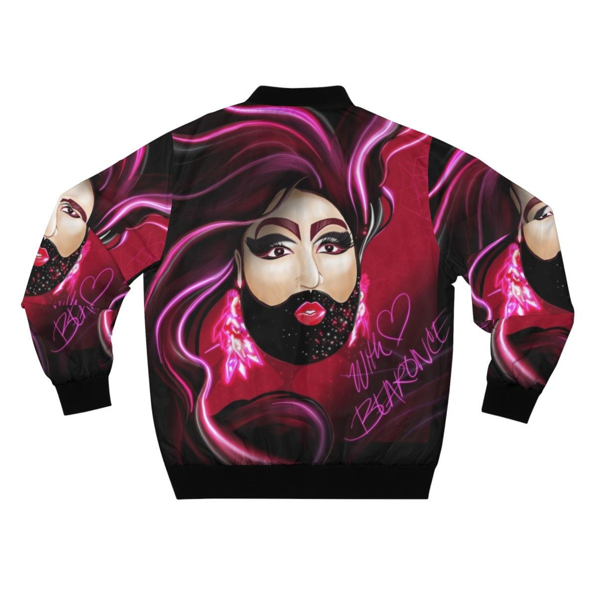 Bearonce bomber jacket featuring a stylized bear and drag queen design - Back