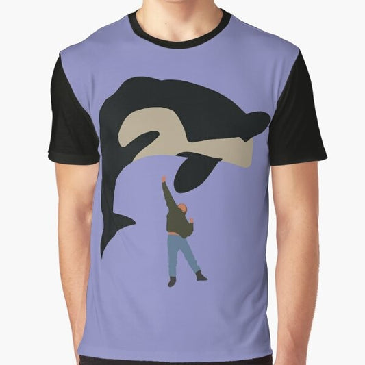 A minimalist, flat art graphic t-shirt featuring the iconic Free Willy whale on a white background.