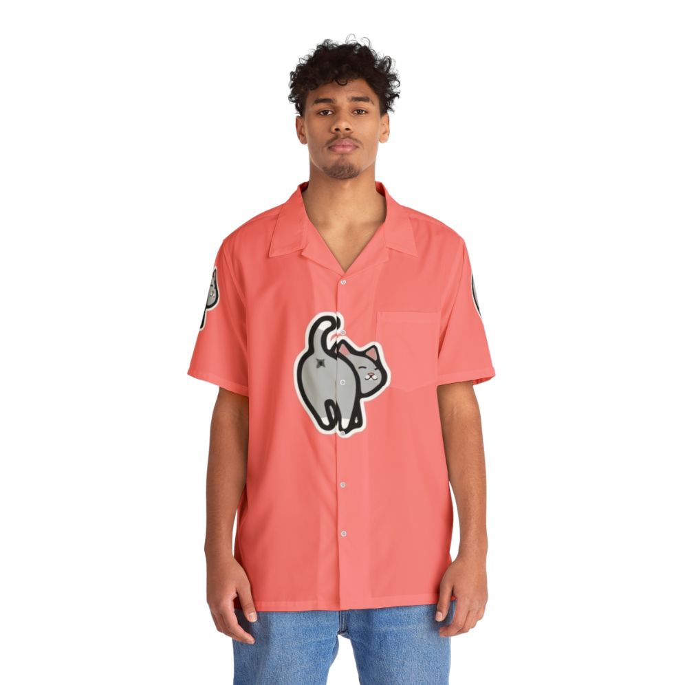 Colorful Hawaiian shirt with a cartoon cat butt print - People Front