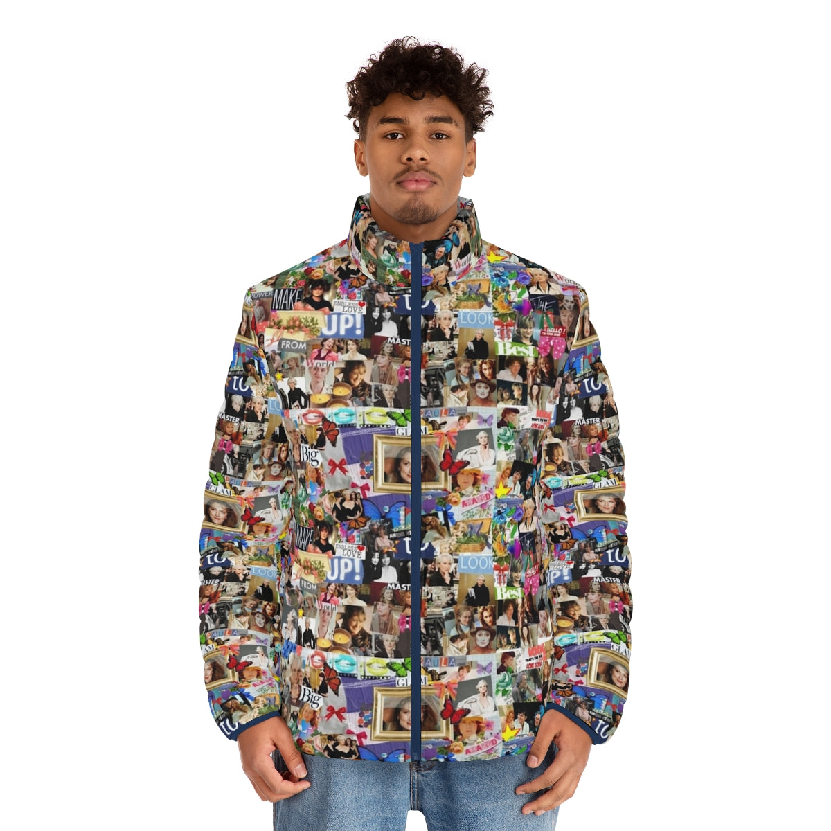 Meryl Streep Collage Puffer Jacket featuring a vibrant photographic collage of the iconic actress - men front