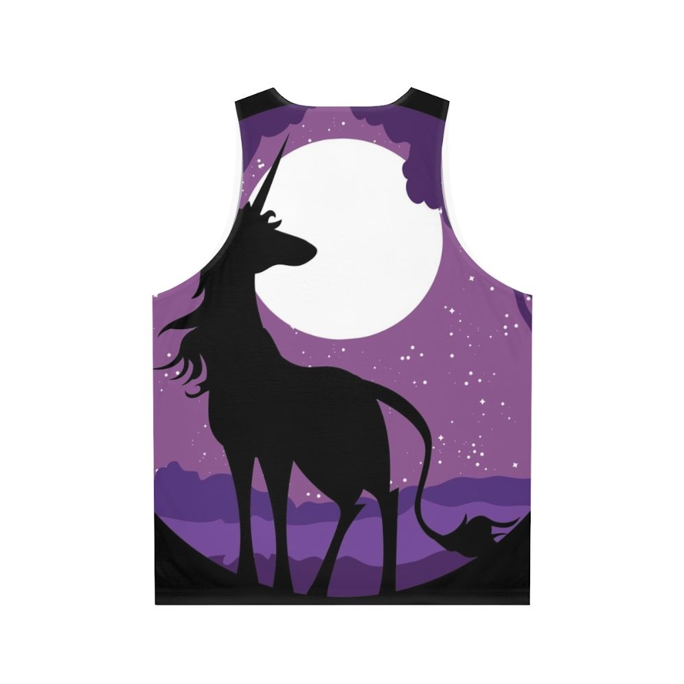 Unisex tank top with a unicorn in a moonlit forest design - Back