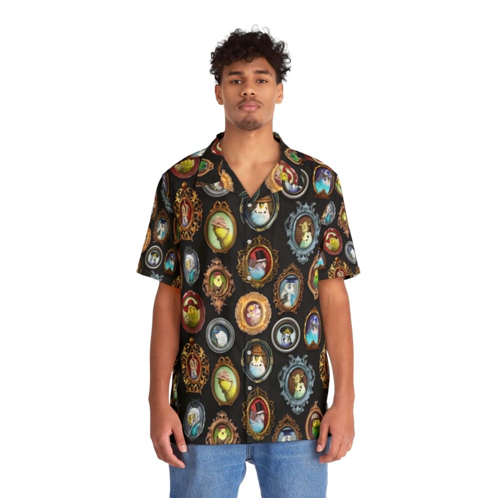 Budgies wearing hats on a colorful Hawaiian shirt - People Front