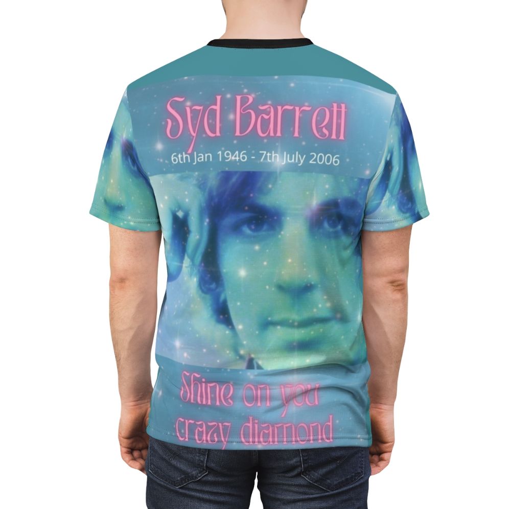 Stylized t-shirt design featuring Syd Barrett, the founding member and original frontman of the iconic band Pink Floyd - men back