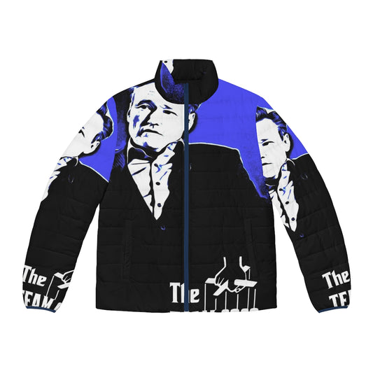 Conan O'Brien 'The Godfather' style puffer jacket featuring a portrait of the comedian