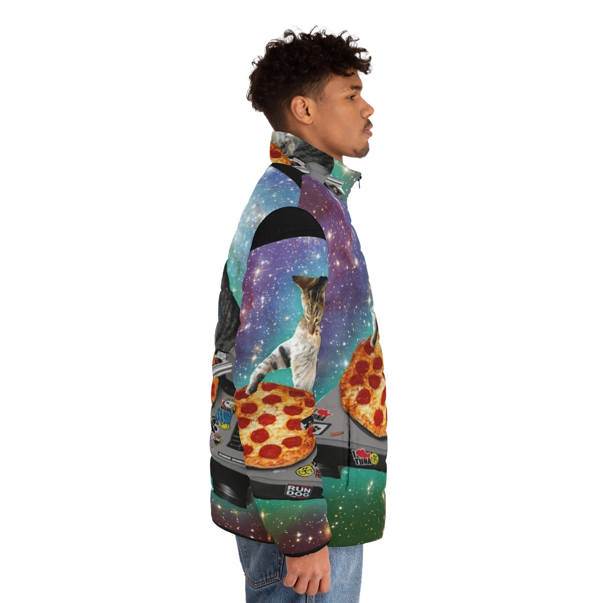 Dj cat pizza puffer jacket with a hilarious meme design - men side right