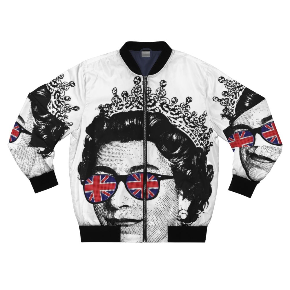 A bomber jacket featuring the Union Jack design and the Queen's head, celebrating the Queen's Platinum Jubilee.