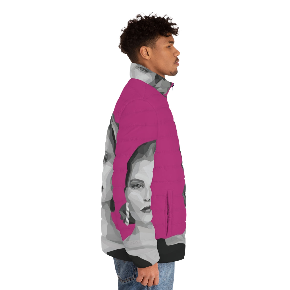 Geometric pink puffer jacket inspired by the classic style of Grace Kelly - men side right