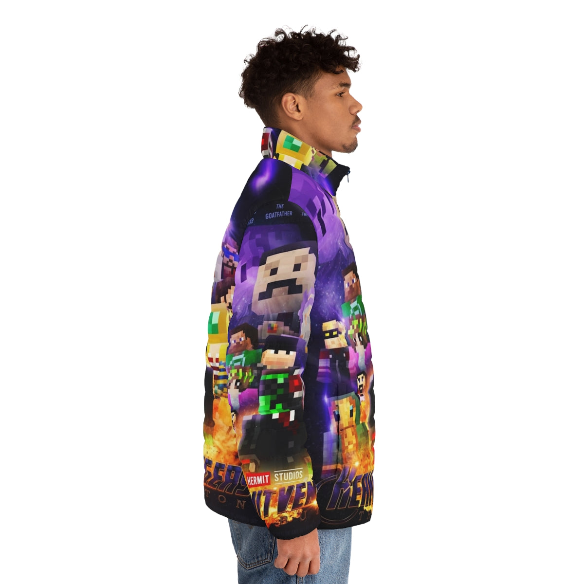 Hermitcraft Puffer Jacket featuring the Button design from Avengers Endgame and Minecraft - men side right