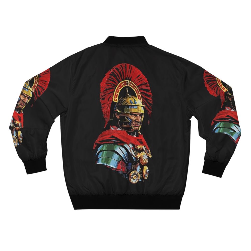 Model wearing a bomber jacket featuring a portrait of a Roman centurion - Back