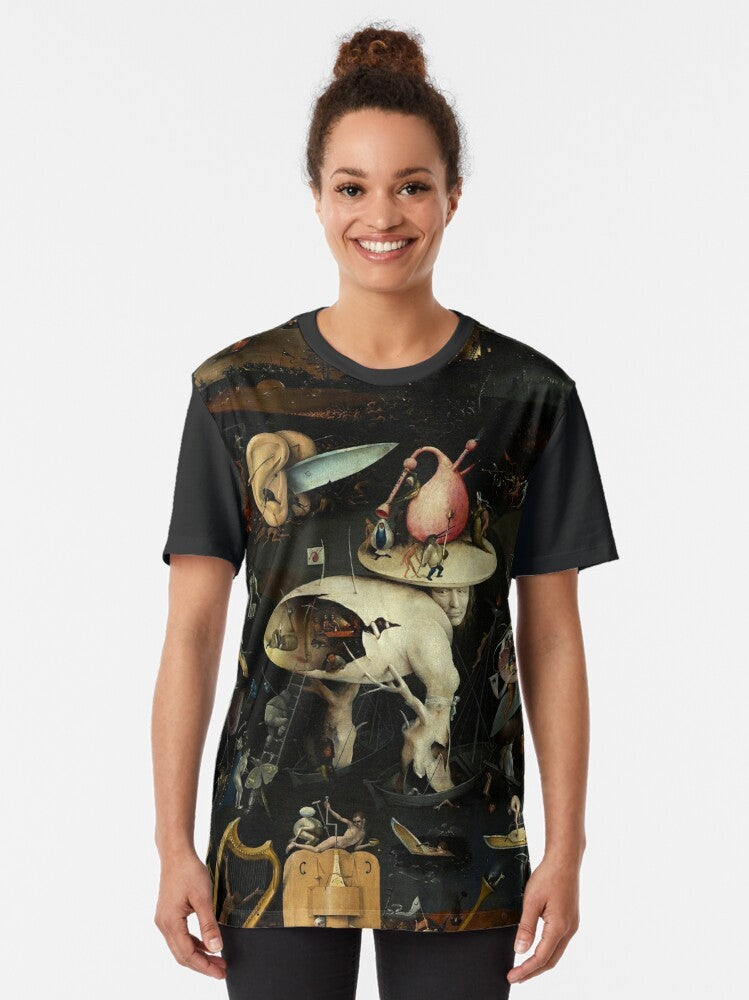 Hieronymus Bosch surreal "Hell" graphic t-shirt featuring fantastical and bizarre elements from the artist's famous painting. - Women