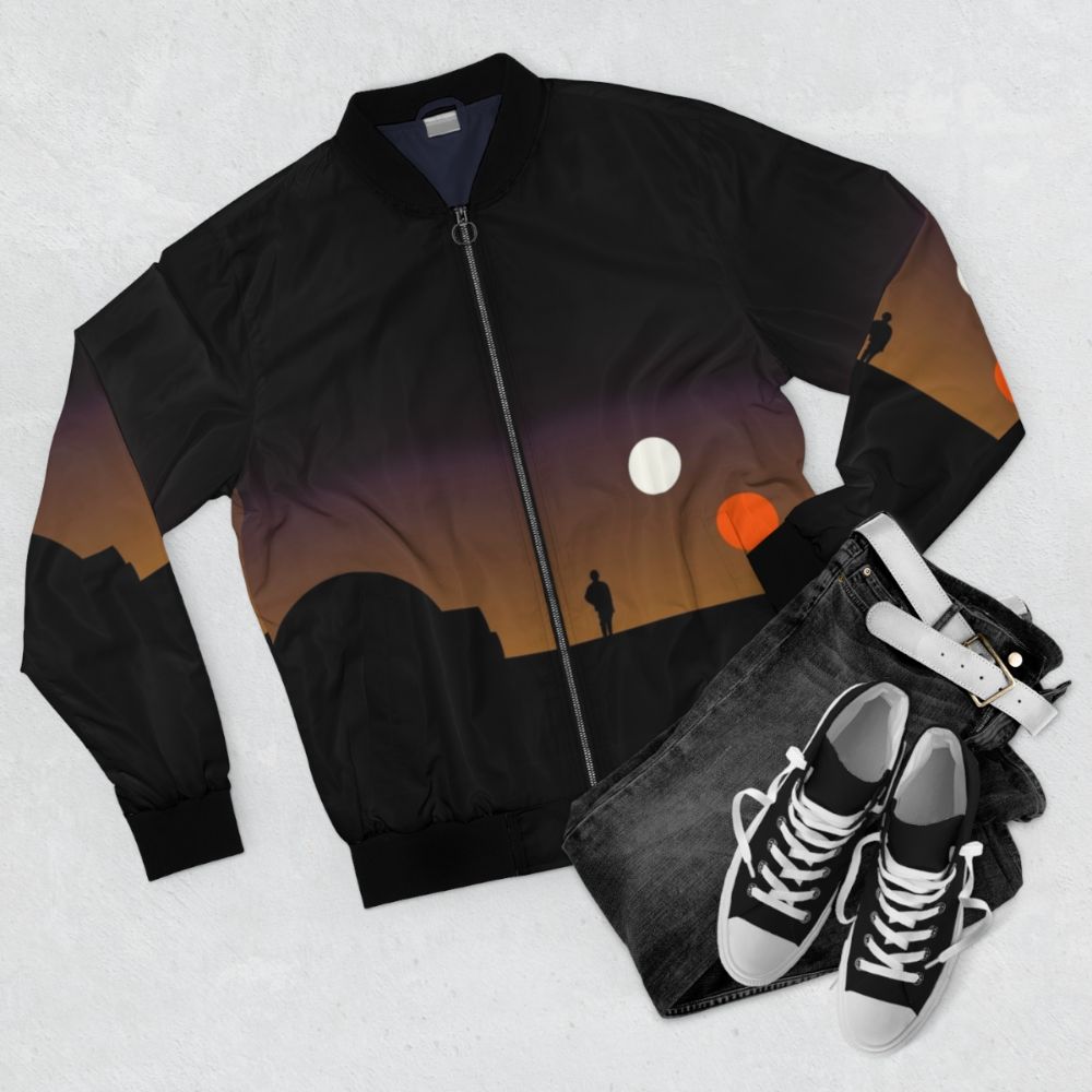 Tatooine Sunset Bomber Jacket with Star Wars Inspired Design - Flat lay