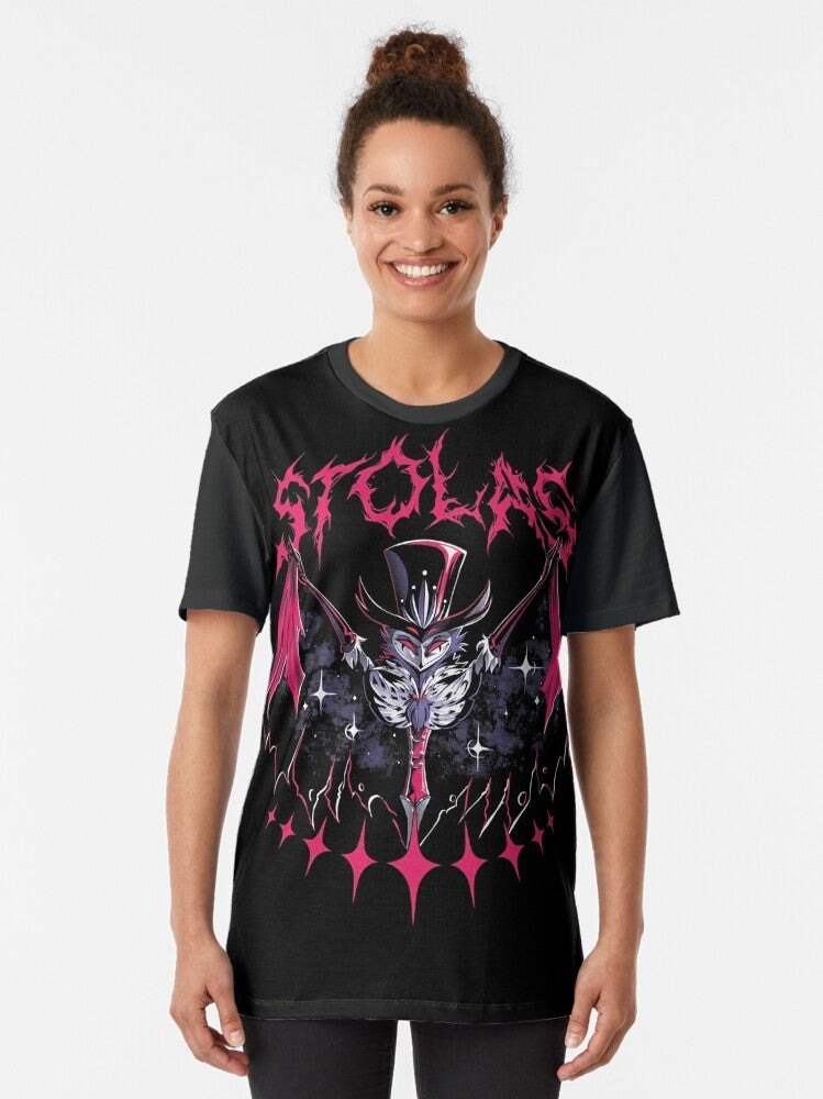 Stolas, the owl demon from the Hazbin Hotel animated series, featured on a graphic t-shirt design. - Women