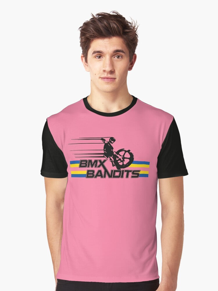 Vintage BMX Bandits graphic t-shirt design featuring retro motorcycle and bike elements - Men