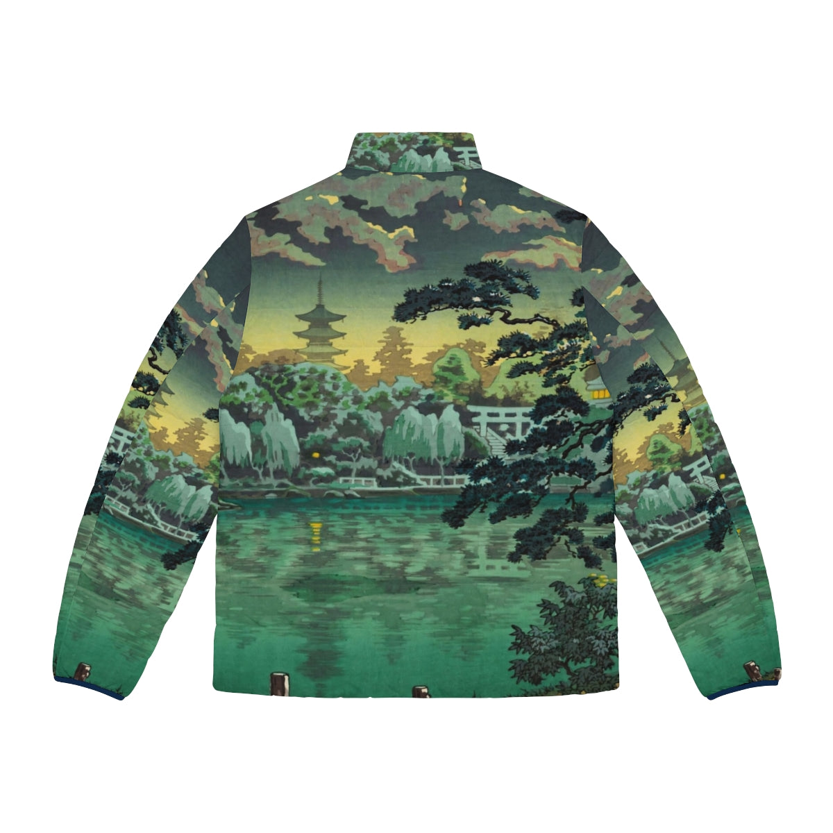 Traditional Japanese ukiyo-e puffer jacket featuring Tsuchiya Koitsu's painting of Ueno Shinobazu Pond - Back