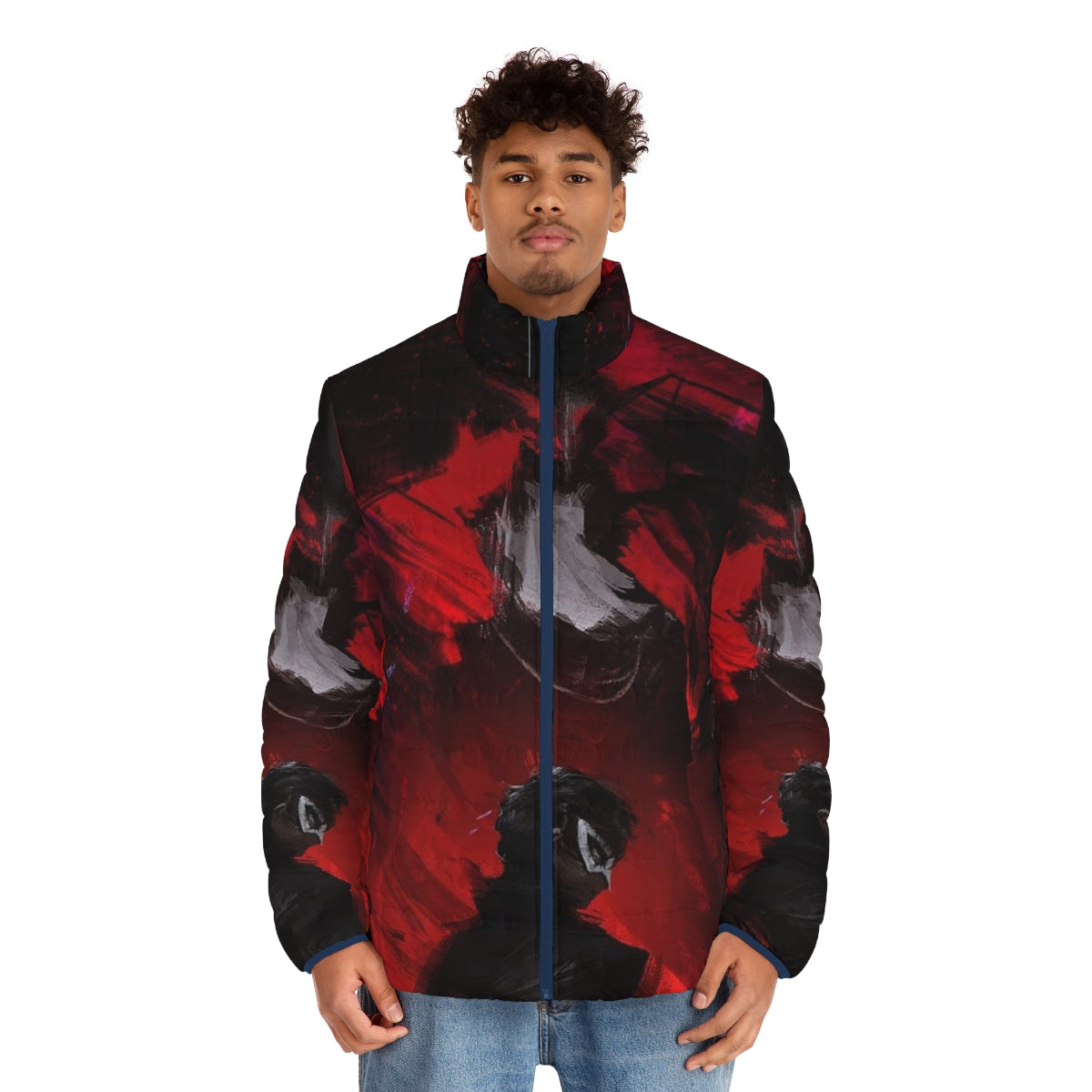 Anime-inspired puffer jacket featuring the Joker Rascal character - men front