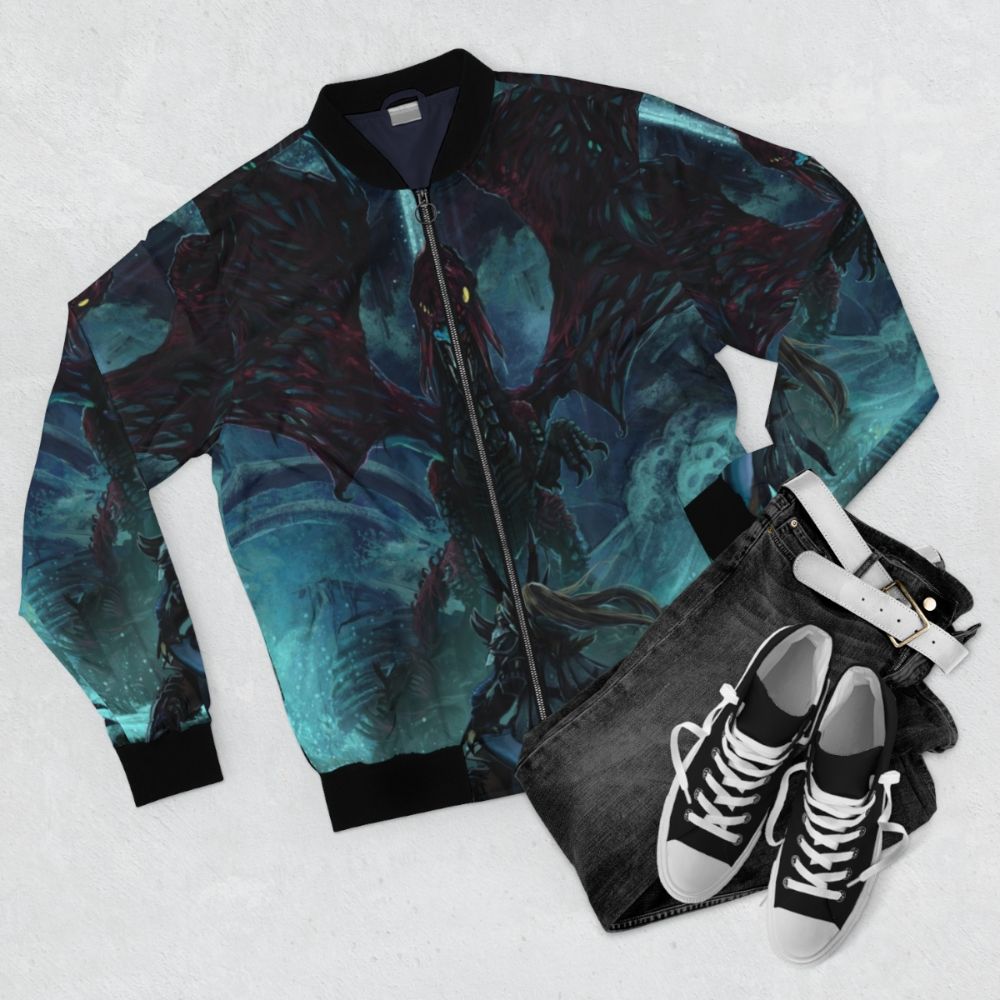 Vaal Hazak Monster Hunter-inspired bomber jacket with dark, rotten design elements - Flat lay