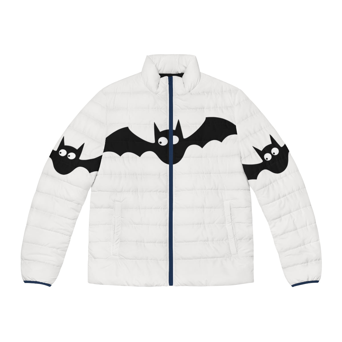 A black puffer jacket with a cute bat design, perfect for the Halloween season.