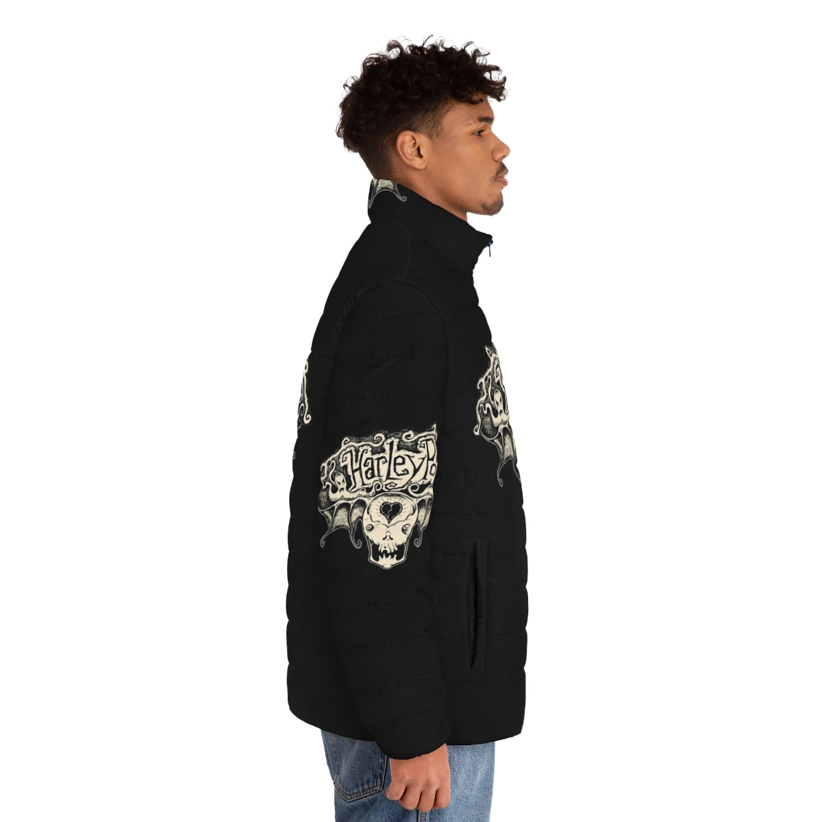 Scared Harley Skull Poe Wings Puffer Jacket featuring the classic Harley Poe band logo - men side right