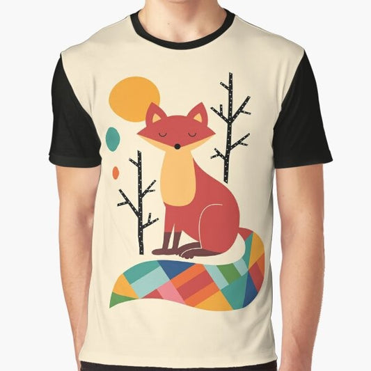 A colorful graphic t-shirt featuring a vibrant rainbow fox in a natural forest landscape.