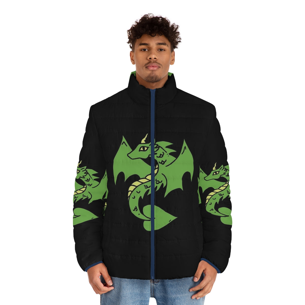 A stylish green dragon puffer jacket for fantasy and geek enthusiasts - men front