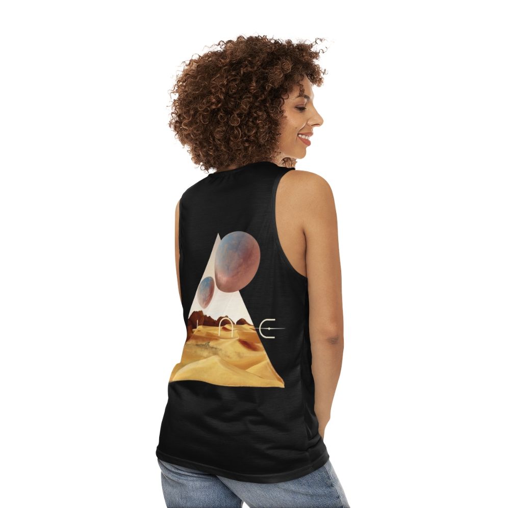 Dune movie inspired unisex tank top with desert and sandworm design - women back