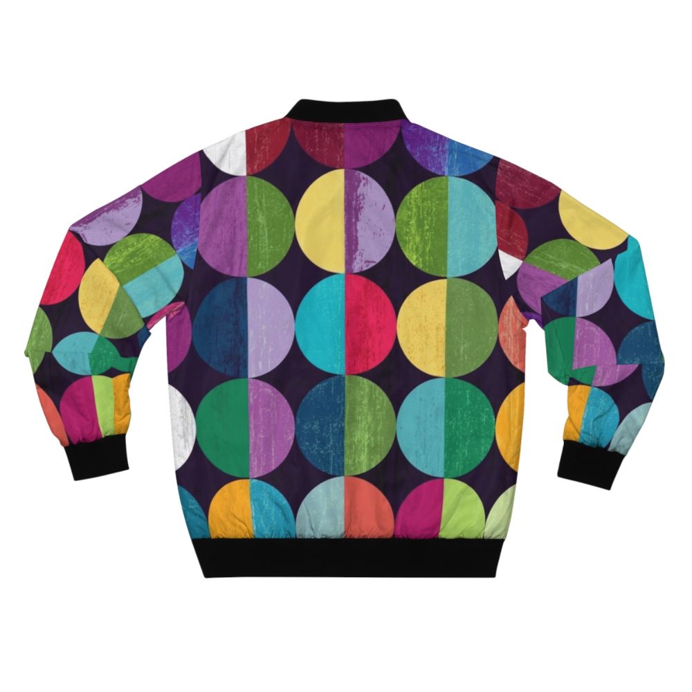 Geometric moon pattern bomber jacket with colorful shapes and textures - Back