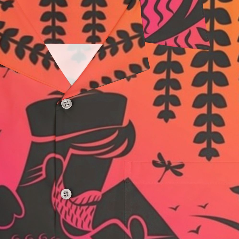 Colorful Hawaiian shirt with a sunset and ocean motif, perfect for gay daddies and their twinks - Detail