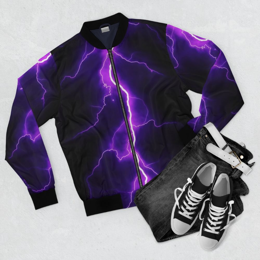 Purple bomber jacket with lightning bolt design, featuring a nature-inspired style - Flat lay