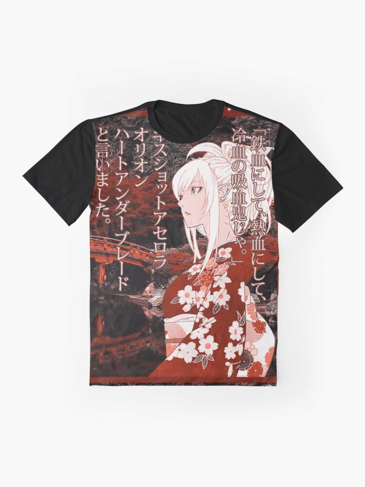 "Kiss-Shot" Yukata Graphic T-Shirt featuring an anime-inspired design with Japanese elements - Flat lay