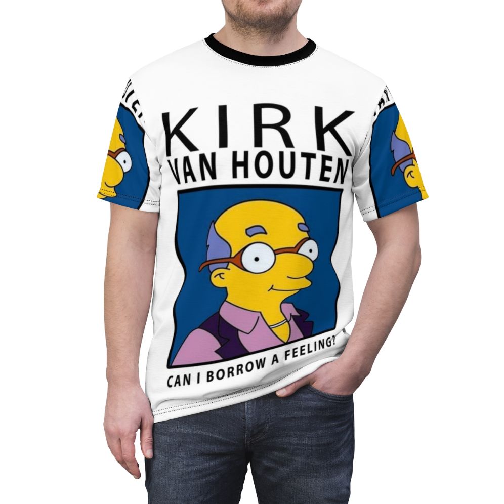 Graphic T-shirt design featuring the character Kirk Van Houten from the 90s TV show The Simpsons with the quote "Can I Borrow A Feeling?" - men front