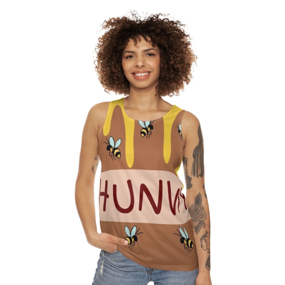 Honey-themed unisex tank top with cute cartoon graphic - women