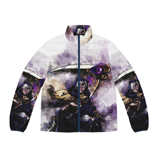 Watercolor Thanatos Hades puffer jacket featuring iconic characters from the Hades game