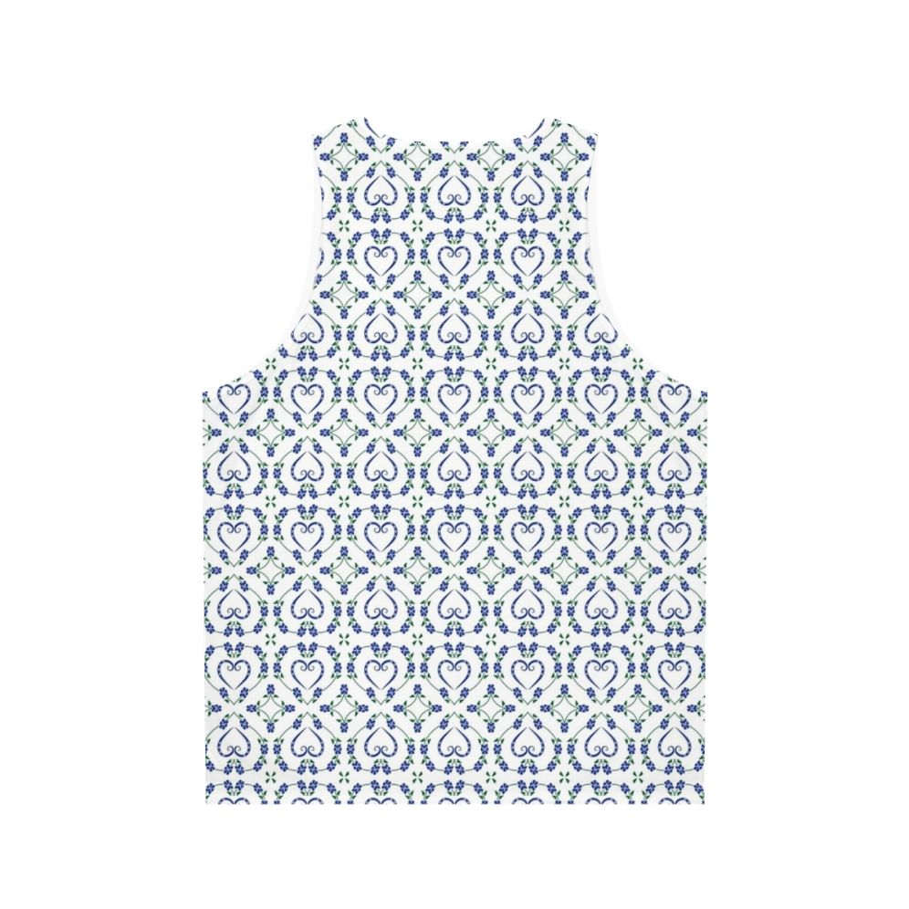 Blue unisex tank top with paw print and heart-shaped floral pattern - Back