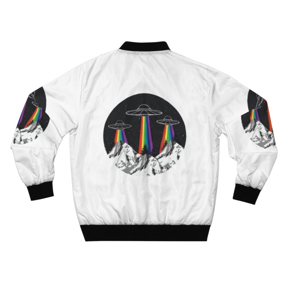 Colorful bomber jacket with a design featuring rainbow-colored mountains, a spaceship, and alien figures. - Back