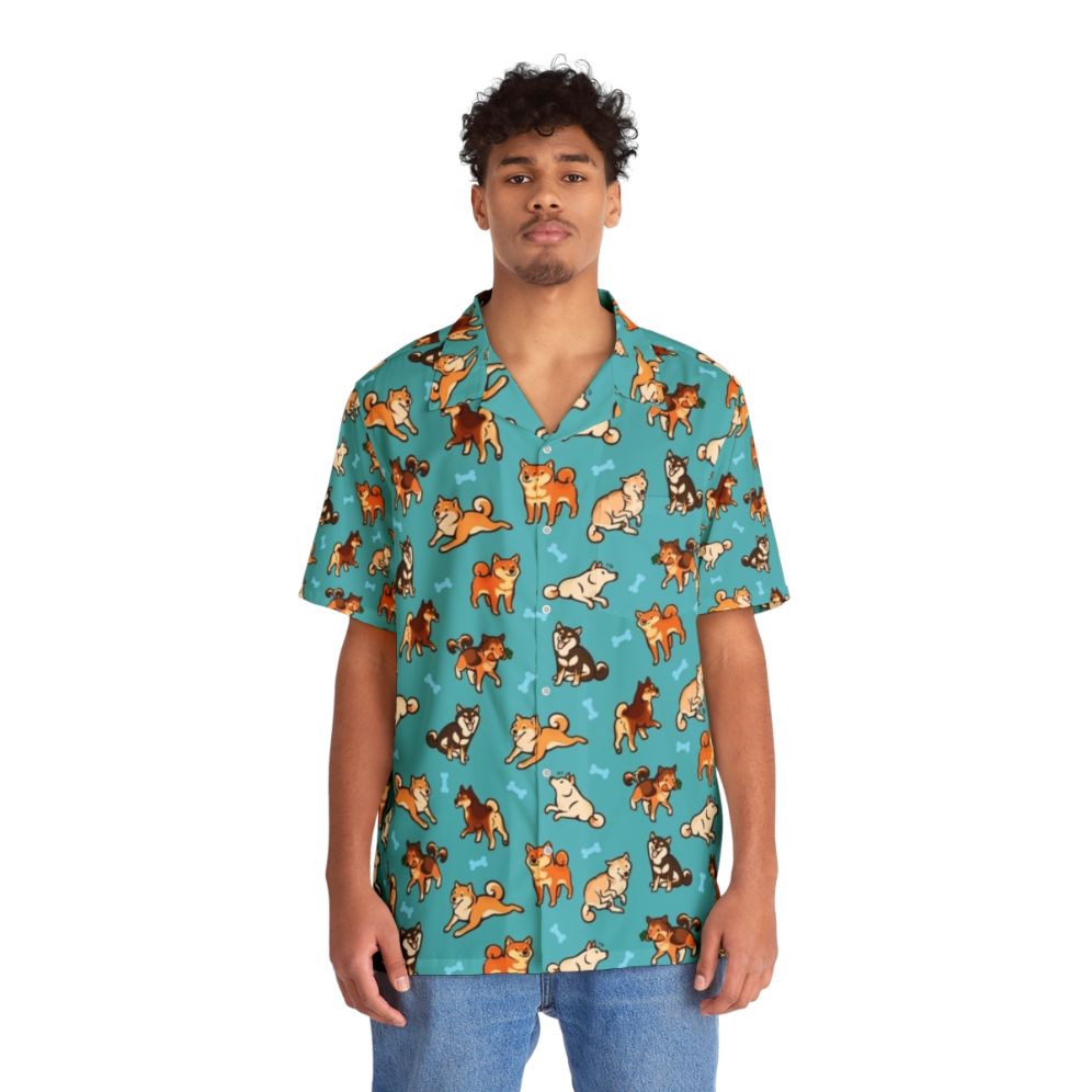 Blue Shiba Inu Hawaiian Shirt with Cute Dog Pattern - People Front