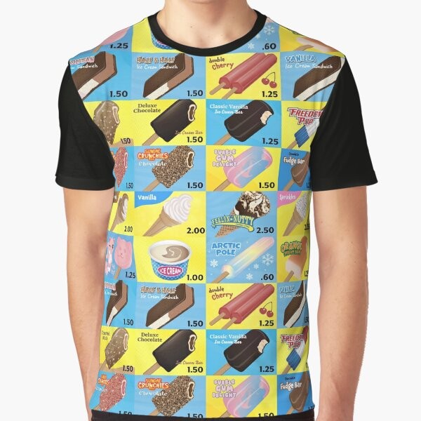 Vintage-style graphic t-shirt featuring an illustrated ice cream truck menu with ice cream cones, bars, sandwiches, and other nostalgic ice cream treats.