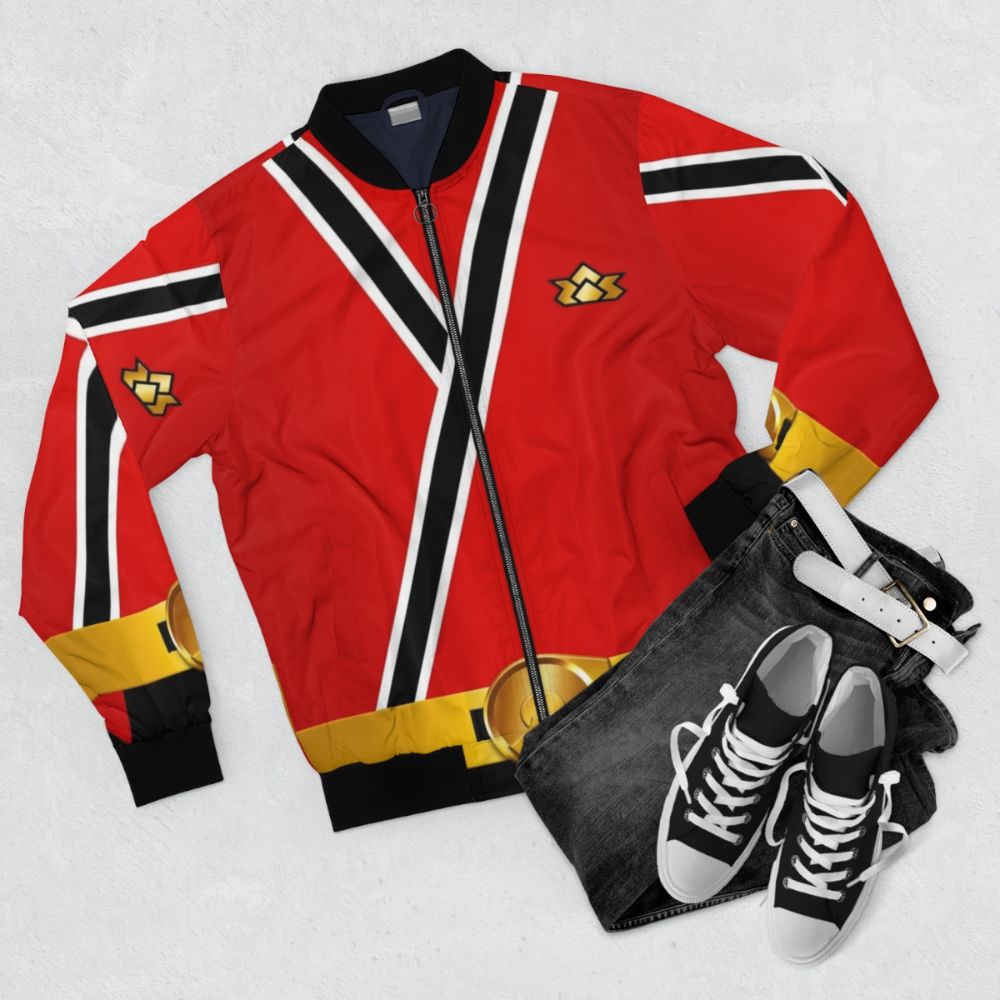 Stylish red bomber jacket with samurai and Japanese inspired design elements - Flat lay