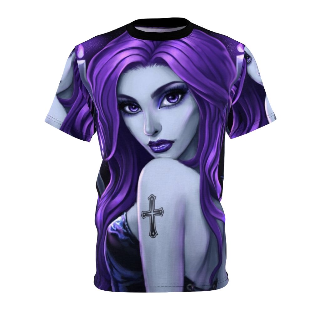 A beautiful goth-inspired AOP t-shirt in a rich purple color with a subtle candle and dark aesthetic design.