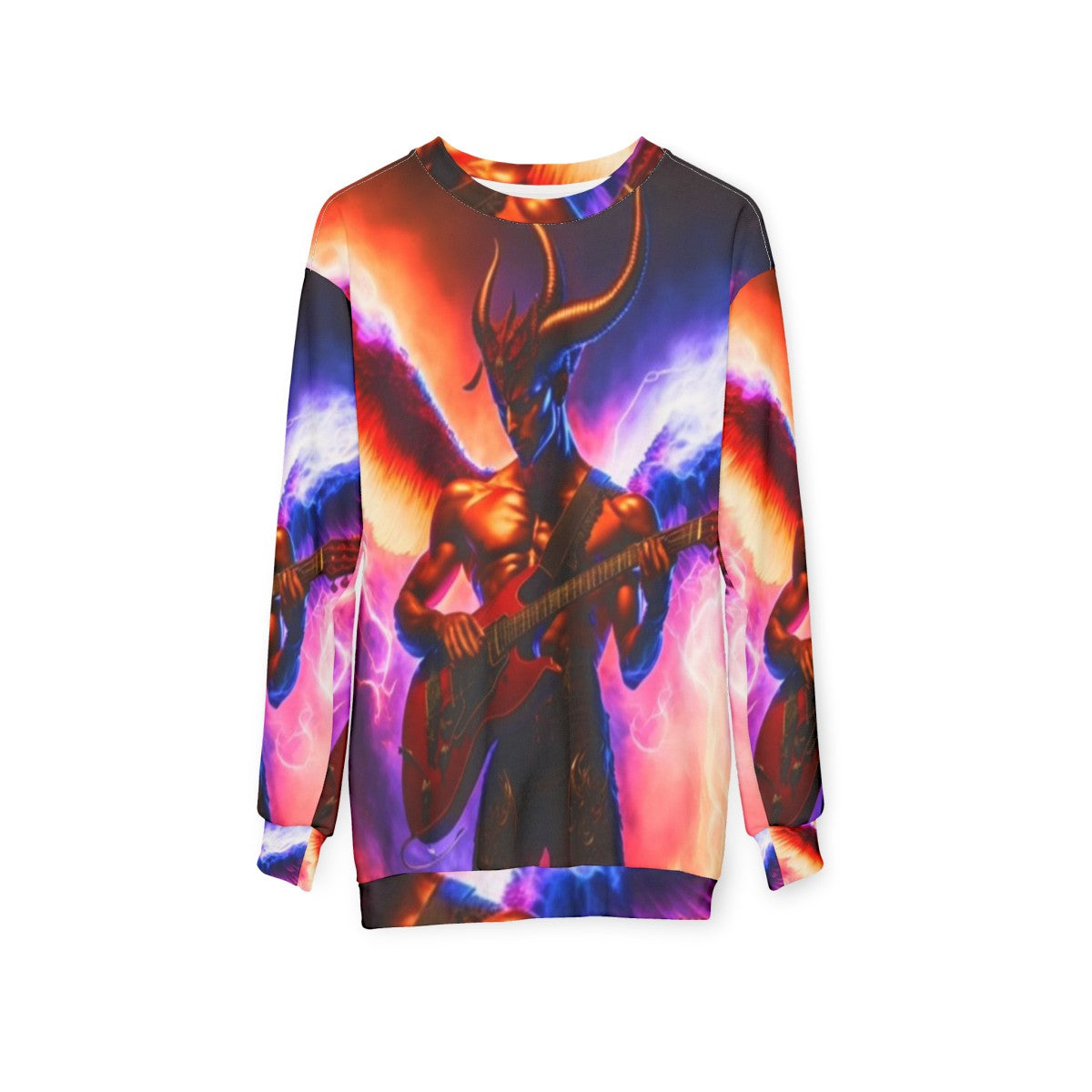 Satanic electric guitar sweatshirt with dark horror art design - hanging