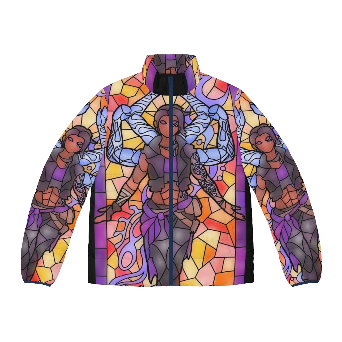 Amara from Borderlands wearing a stylish puffer jacket with a stained glass design